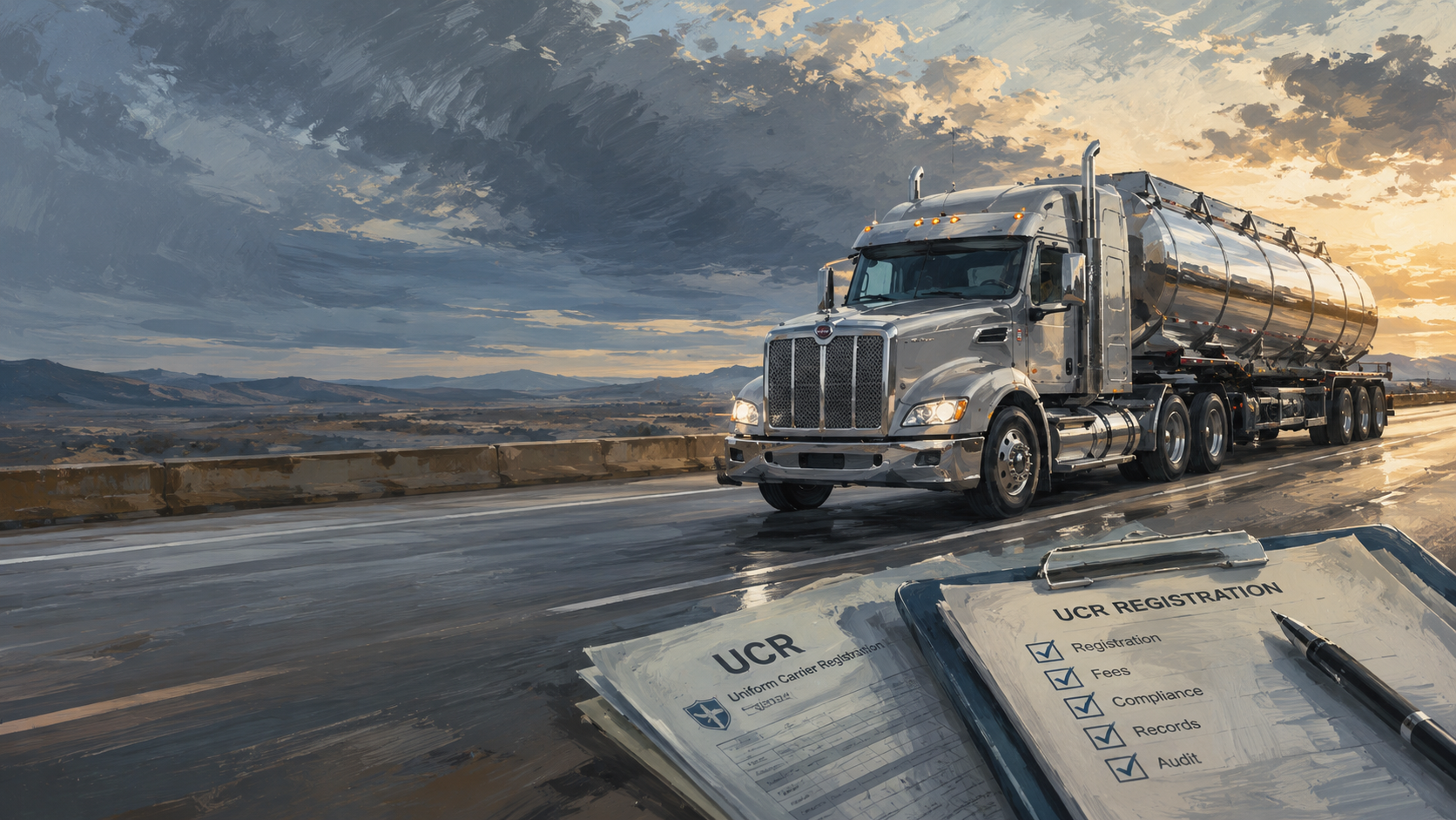 Illustrated tanker truck on a highway with UCR registration and compliance paperwork in the foreground.