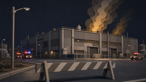 Bio-Lab Fire Report Finds Five Failures Behind the Conyers Chemical Disaster 1 Paper-craft diorama of emergency vehicles and a road barricade outside an industrial chemical warehouse as a layered plume rises overhead