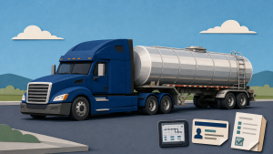 3 FMCSA Paperwork Rules Now in Force: What Tank Fleets Can Stop Carrying, Reporting and Returning 1 Flat papercraft tanker truck accompanied by ELD, CDL and inspection-report symbols