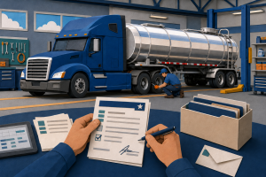 3 FMCSA Paperwork Rules Now in Force: What Tank Fleets Can Stop Carrying, Reporting and Returning 3 Papercraft tanker truck in a maintenance bay as a technician corrects a defect and a fleet manager certifies and retains an inspection report