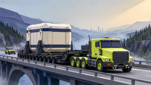 Microreactor Truck Shipments: NRC’s Fivefold Radiation Proposal Meets DOT Reality 4 Yellow-green heavy-haul truck transporting a sealed microreactor module across a mountain bridge with an escort vehicle