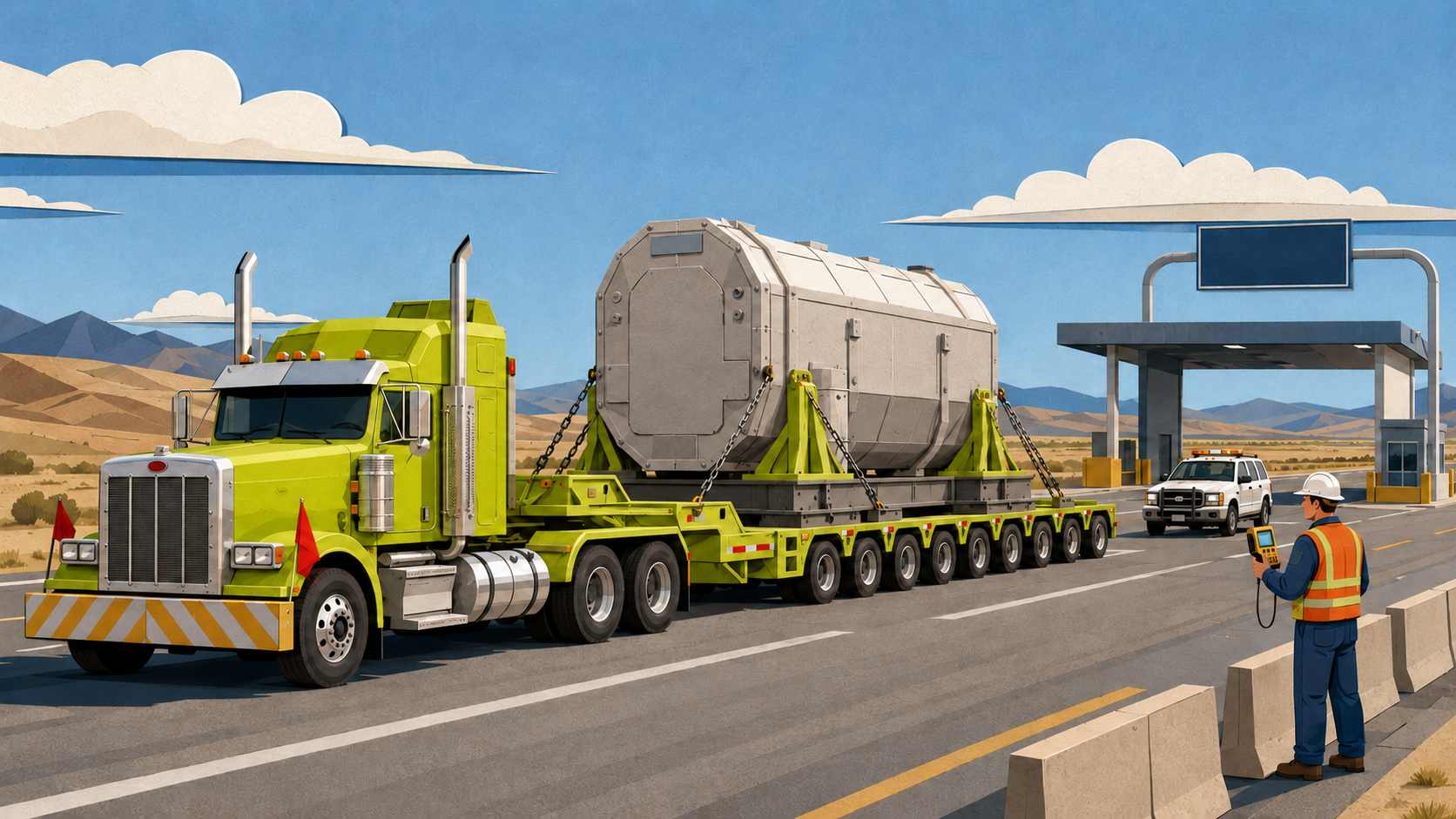 Cartoon editorial illustration of a heavy-haul truck carrying a sealed microreactor package through a highway inspection checkpoint