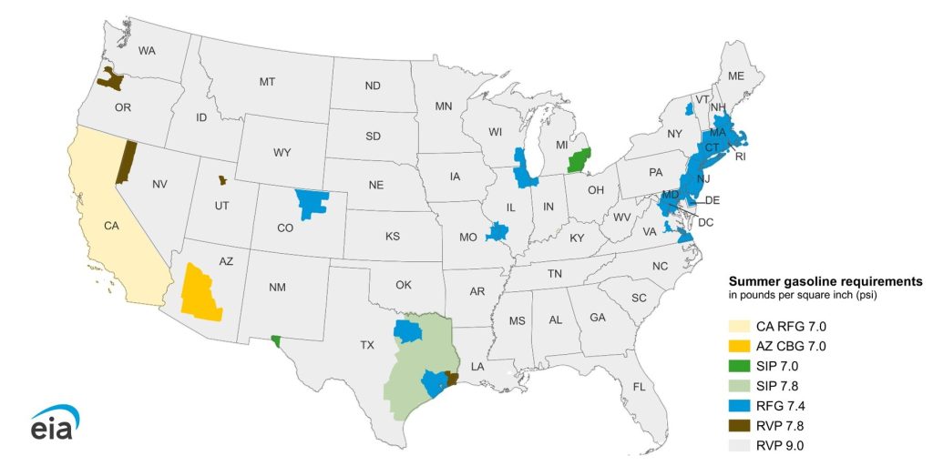 EPA Pulls Winter Gasoline Forward to September 1 2 U.S. map showing normal summer gasoline RVP categories, reformulated gasoline areas and state fuel programs by region