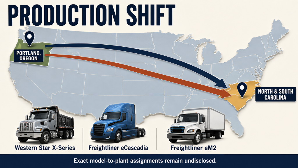 Daimler Truck to Close Portland Plant, Move Freightliner and Western Star Production East 4 Map graphic showing Western Star X-Series, Freightliner eCascadia and eM2 production shifting from Portland to the Carolinas