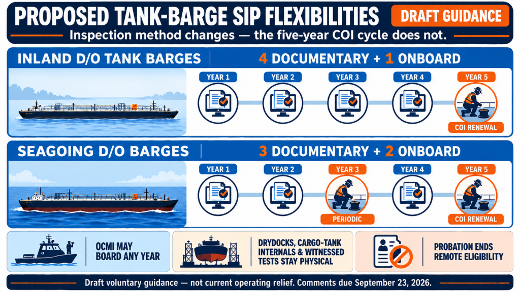 Coast Guard Proposes Nationwide Tank-Barge Inspection Flexibilities 6 Comparison of proposed Coast Guard inspection methods and compliance safeguards for eligible inland and seagoing tank barges