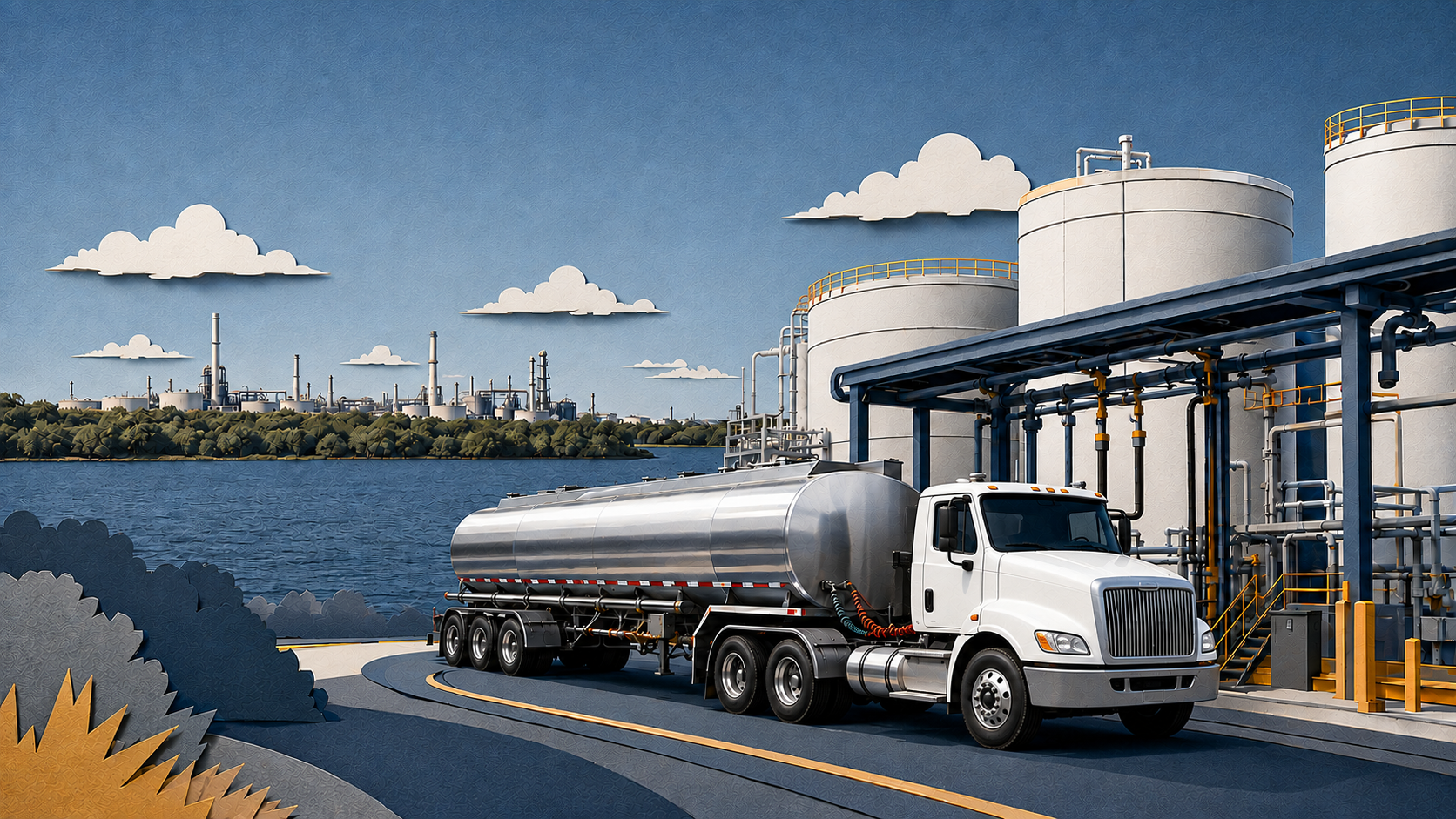 Illustrated petroleum tanker leaving a Great Lakes fuel terminal in a waterfront industrial setting.