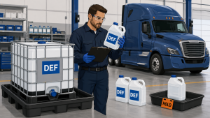 How to Dispose of Diesel Exhaust Fluid (DEF): 7 Safe Steps for Fleets 7 Fleet technician inspecting sealed DEF containers and isolating questionable fluid