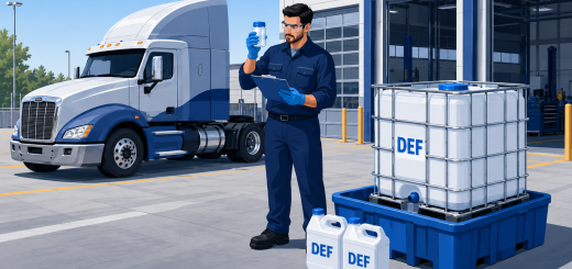 Fleet technician inspecting diesel exhaust fluid beside sealed DEF containers and a contained IBC tote