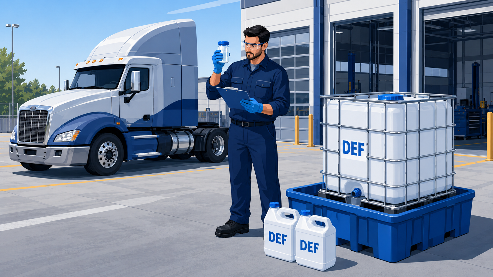 Fleet technician inspecting diesel exhaust fluid beside sealed DEF containers and a contained IBC tote