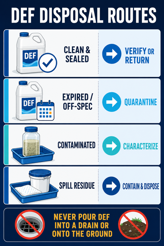 How to Dispose of Diesel Exhaust Fluid (DEF): 7 Safe Steps for Fleets 6 DEF disposal routes for clean, expired, contaminated and spill-residue material