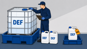 How to Dispose of Diesel Exhaust Fluid (DEF): 7 Safe Steps for Fleets 5 Technician inspecting sealed DEF containers stored in secondary containment with questionable DEF isolated