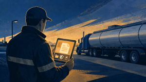 PHMSA’s 16 Final Rules: What Tank Fleets Need to Know Before September 3 11 Editorial illustration of a tank-truck driver viewing emergency-response information on a tablet beside a tanker