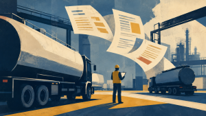 PHMSA’s 16 Final Rules: What Tank Fleets Need to Know Before September 3 9 Editorial illustration of a compliance worker reviewing documents between tank trucks at an industrial terminal