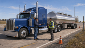 Operation Highway Shield Sidelines 766 Drivers and Vehicles in Four-State Sweep 4 Tanker driver and commercial-vehicle inspector review documents during a roadside inspection