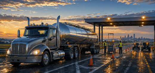 Stainless steel tanker enters a coordinated commercial-vehicle inspection lane