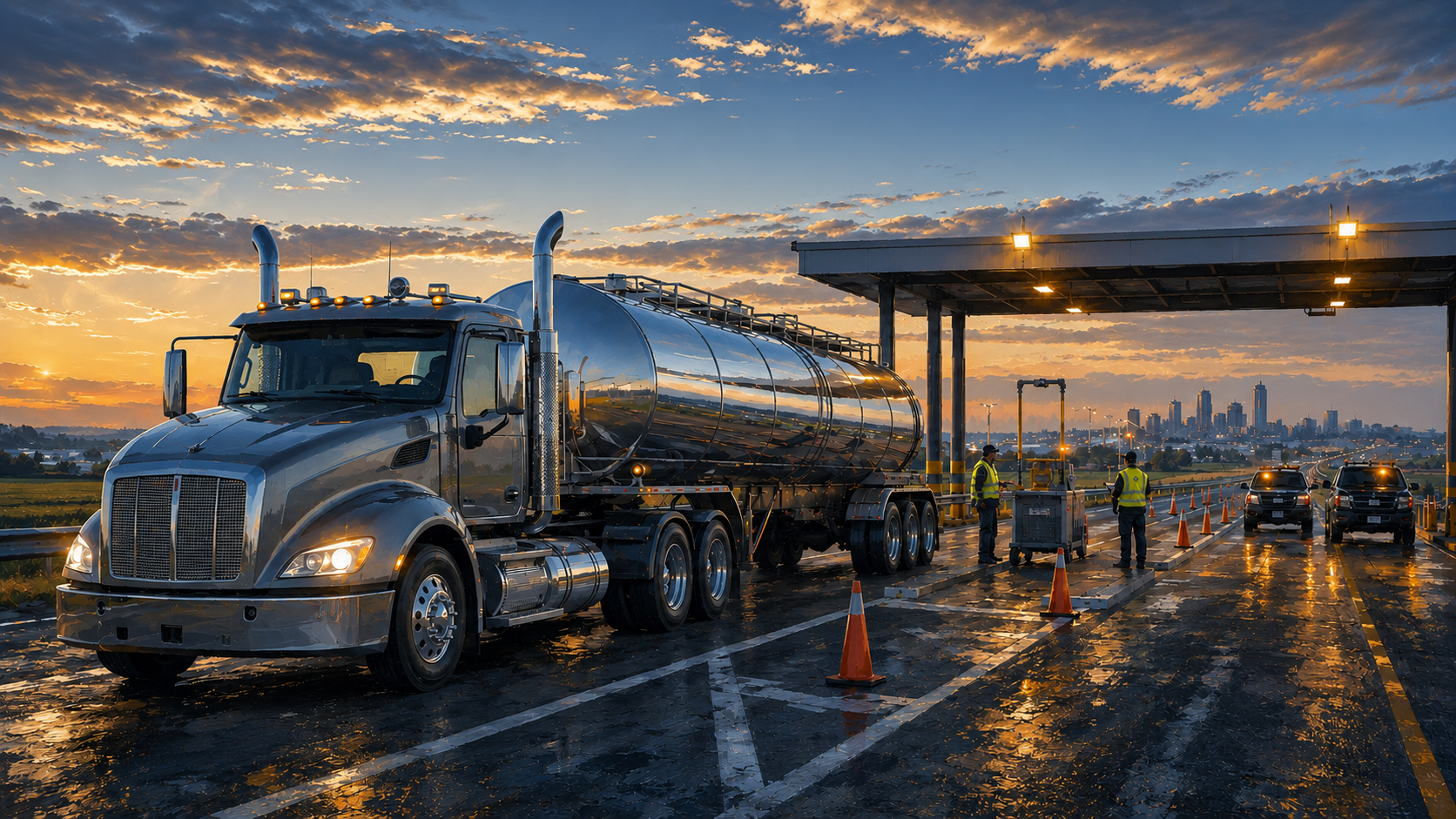 Stainless steel tanker enters a coordinated commercial-vehicle inspection lane