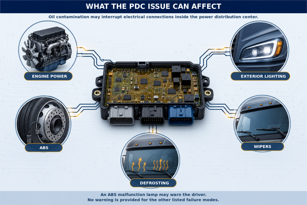 PACCAR Recalls 5,919 Kenworth and Peterbilt Trucks Over Power-Loss Risk 6 Diagram connecting a truck power distribution center to engine power, ABS, exterior lighting, windshield wipers and defrosting