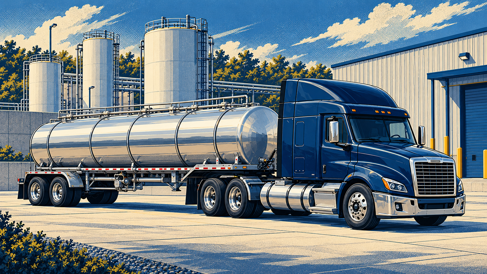 Screen-print-style illustration of a navy tractor and silver tank trailer beside a warehouse and vertical storage tanks.