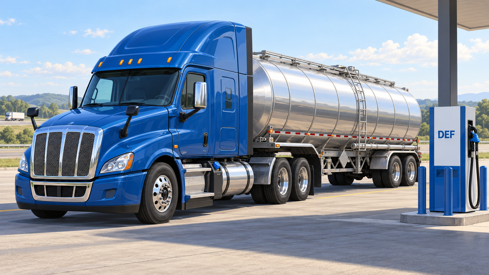 Blue highway tractor and silver tank trailer parked beside a DEF dispenser.