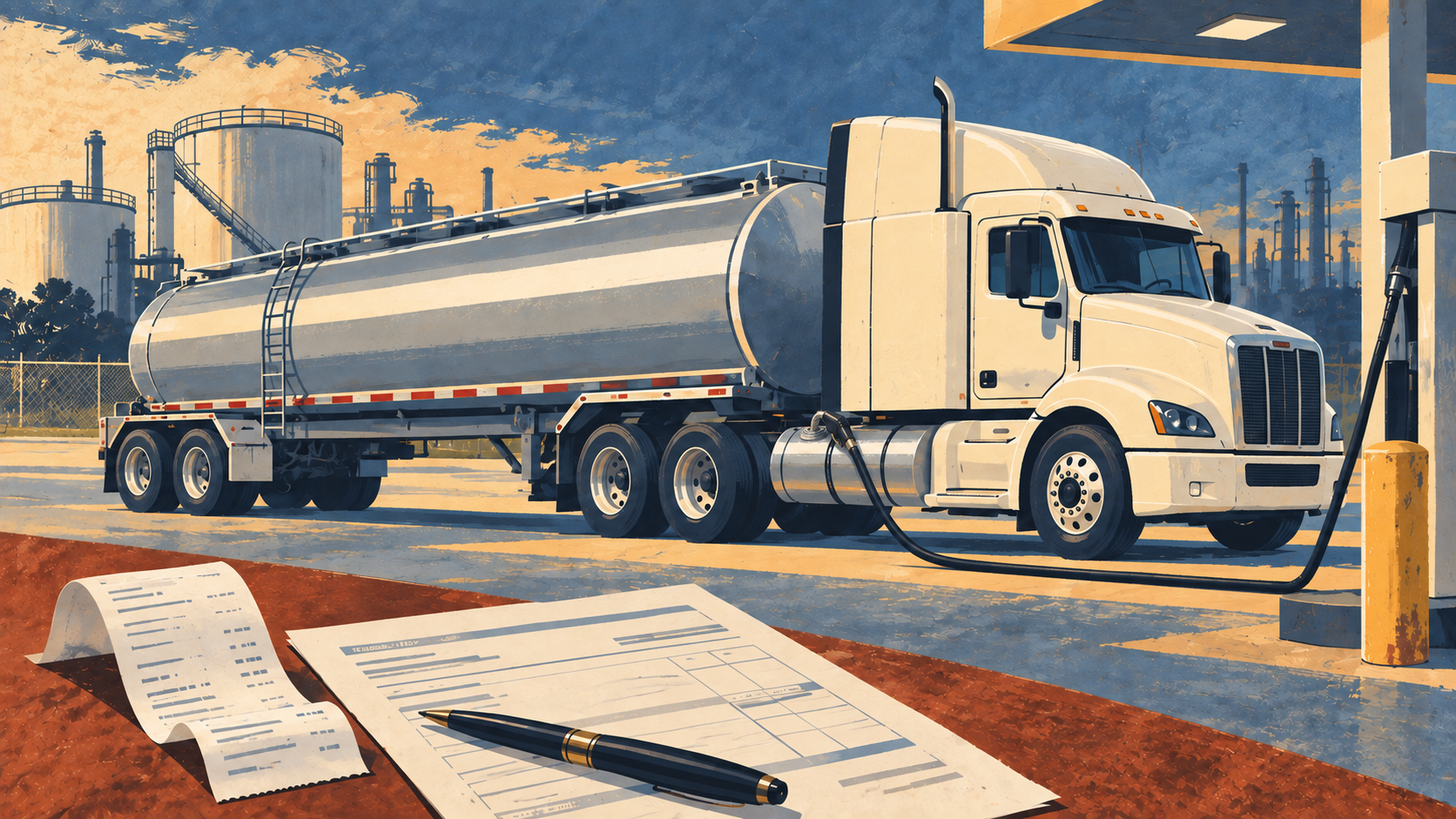 Illustration of a white tractor and silver tank trailer at a diesel pump, with a receipt, invoice and pen in the foreground.