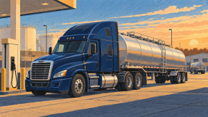 Diesel Above $6 Tests Tank-Fleet Surcharges and Cash Flow 1 Illustration of a blue tractor and silver tank trailer beside a fuel pump at sunset.