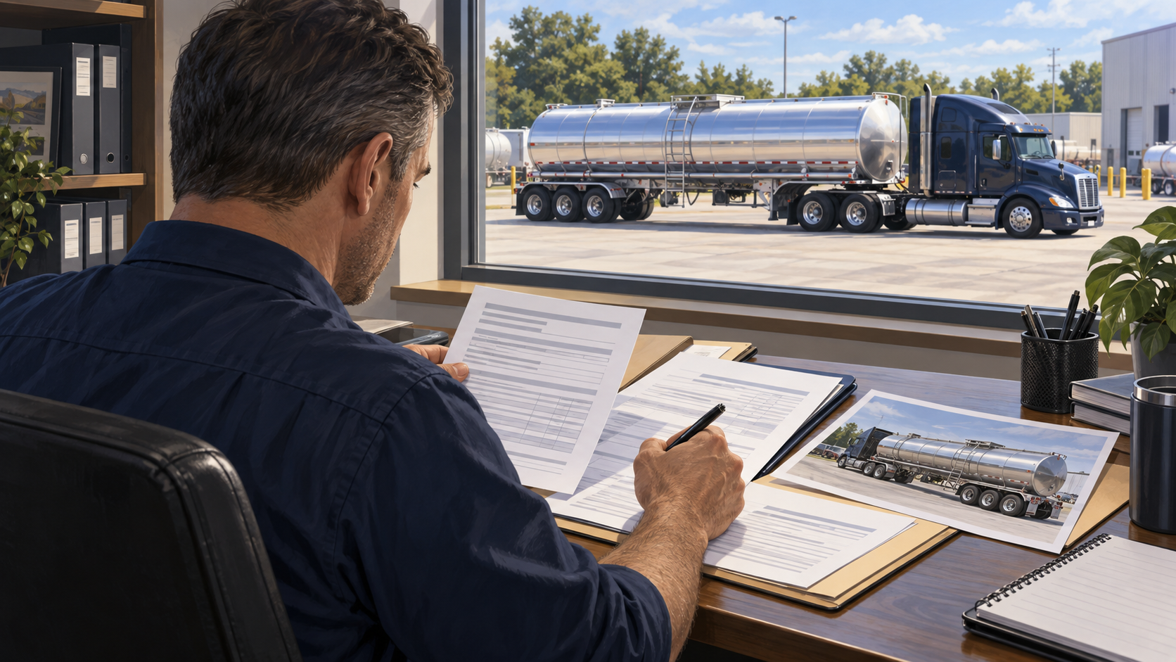 Illustration of a fleet safety manager reviewing documents and a tanker photograph, with a tank truck visible outside.