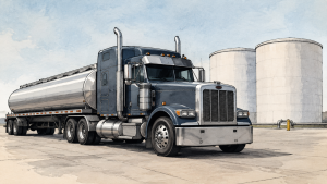 NHTSA Says It Cannot Set Standalone Heavy-Truck Engine Fuel-Economy Standards 6 Illustration of a blue tanker truck parked beside two cylindrical bulk-storage tanks.Media title: Tank Truck at Bulk Storage Terminal