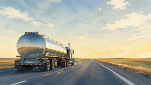 NHTSA Says It Cannot Set Standalone Heavy-Truck Engine Fuel-Economy Standards 5 Rear-view illustration of a stainless-steel tanker truck traveling along an open highway.Media title: Tank Truck on Open Highway