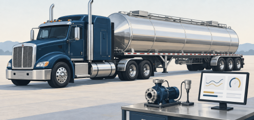 Illustration of a blue tractor and stainless-steel tank trailer beside a pump test bench and monitor displaying sensor graphics