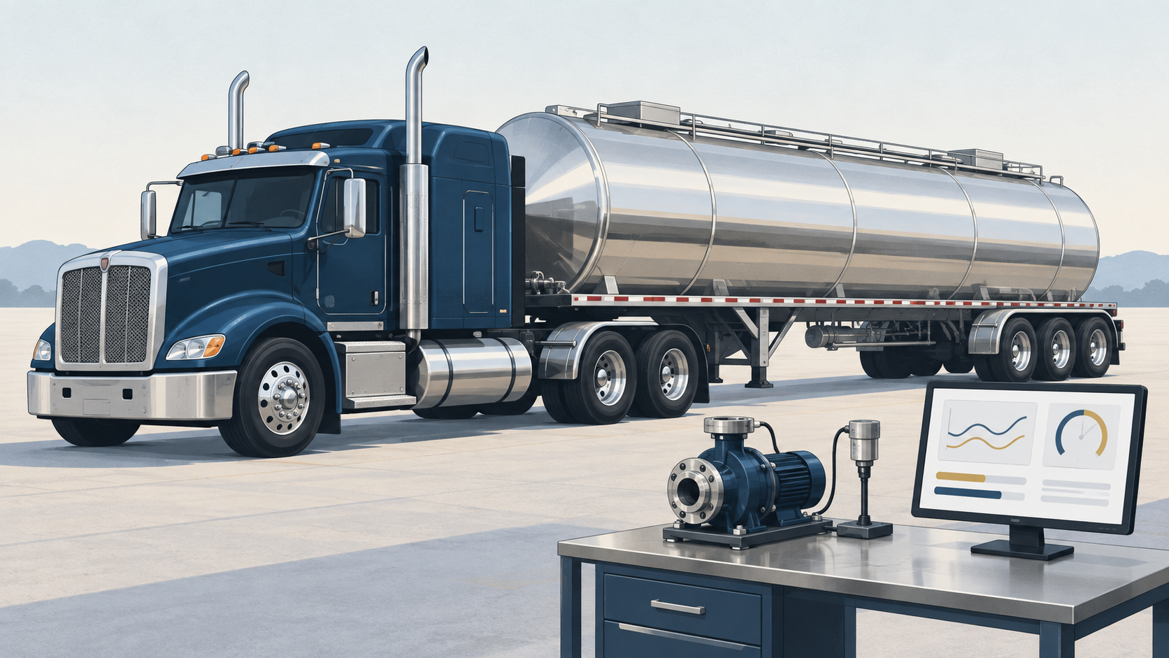 Illustration of a blue tractor and stainless-steel tank trailer beside a pump test bench and monitor displaying sensor graphics