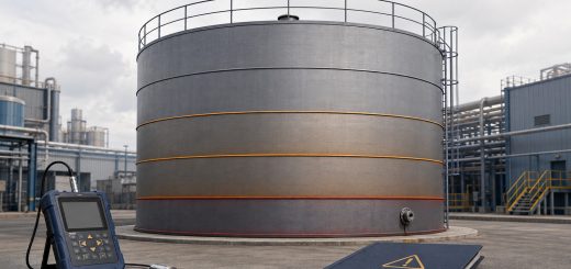 Conceptual illustration of a five-course atmospheric storage tank with lower-shell thinning highlighted beside an inspection warning
