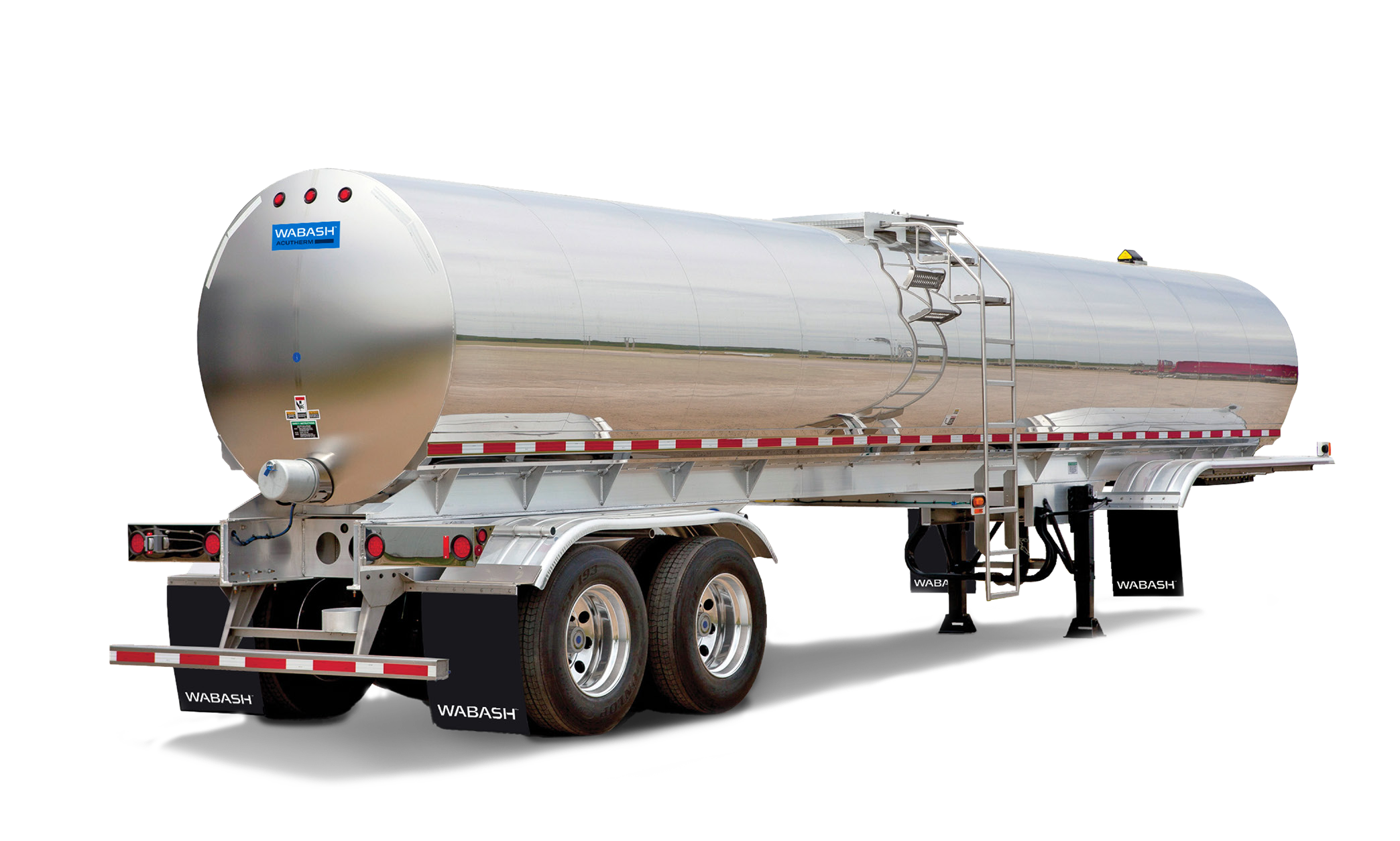 Rear three-quarter view of a polished Wabash Acutherm sanitary tank trailer with tandem axles and a side access ladder.