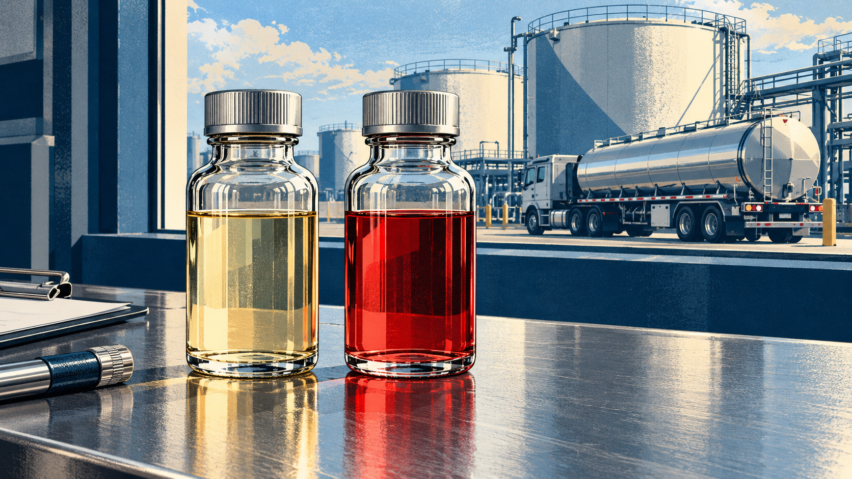 Illustration of two capped glass bottles containing pale yellow and red fuel, with a tanker truck and bulk storage tanks in the background.