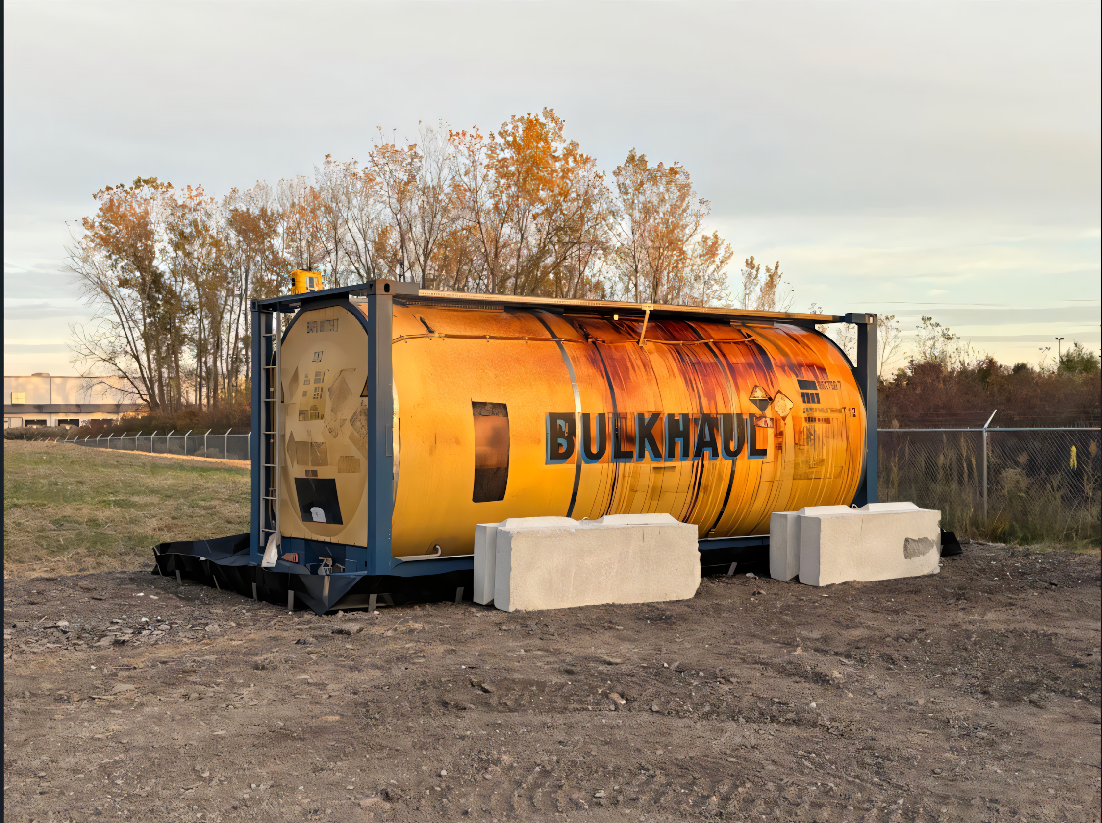 Yellow intermodal tank in a steel frame with dark exterior streaks and concrete barriers beside it.